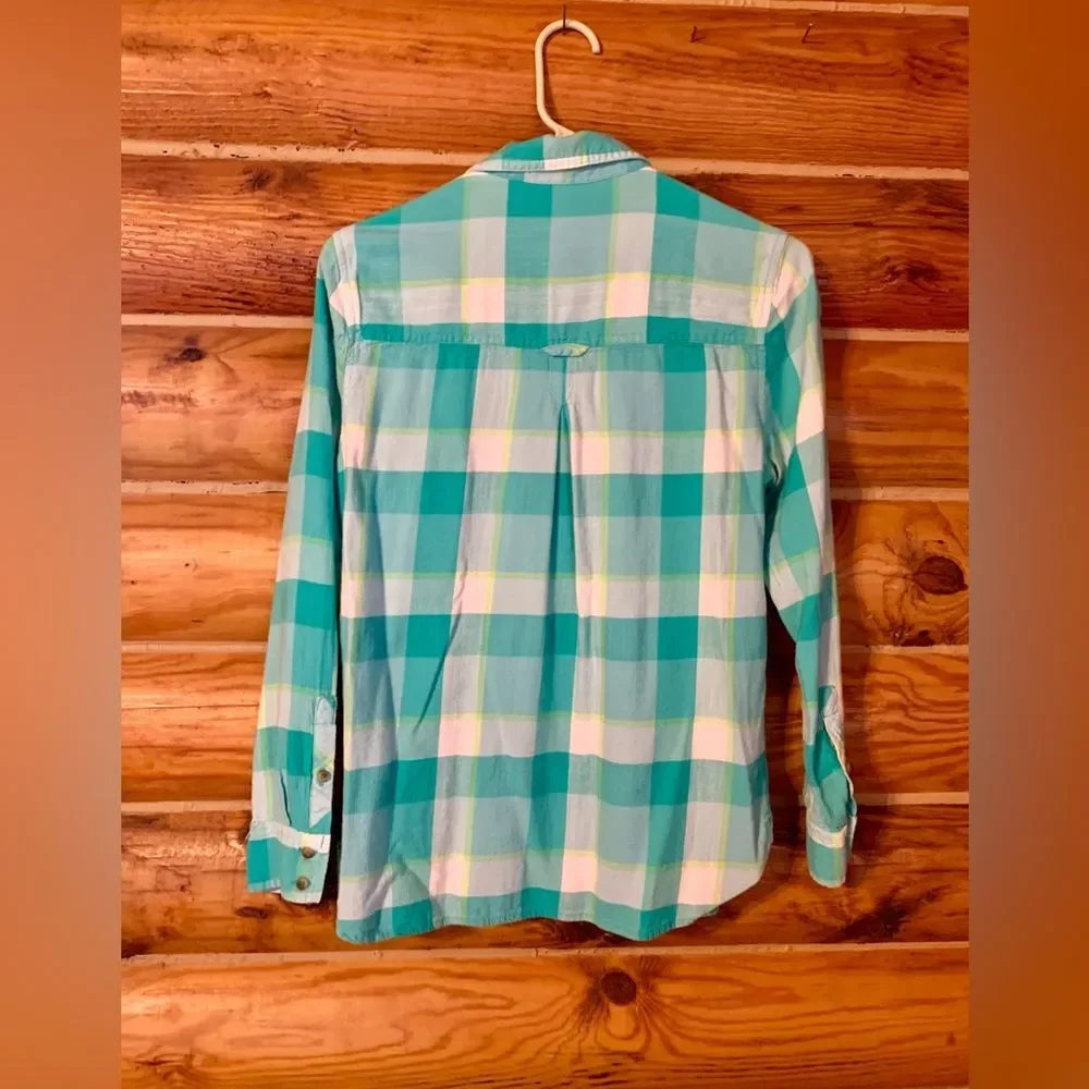 American Eagle Turquoise Blue Button Down Plaid Shirt Small - Picture 5 of 9